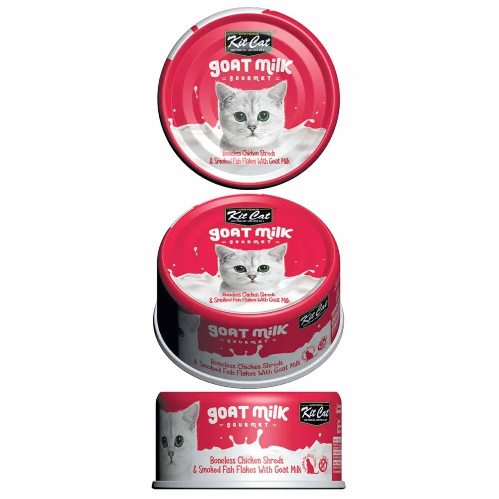 Kit Cat Goat Milk Gourmet Boneless Chicken Shreds & Smoked Fish Flakes Grain-Free Canned Cat Food 70g